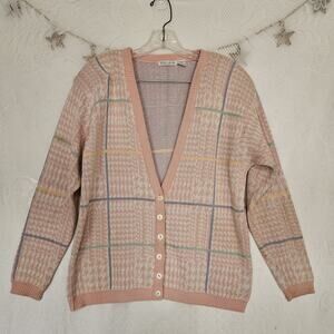 Heirlooms Vintage Medium 100% Cotton Plaid Sweater Cardigan 80s 90s Pastel Soft